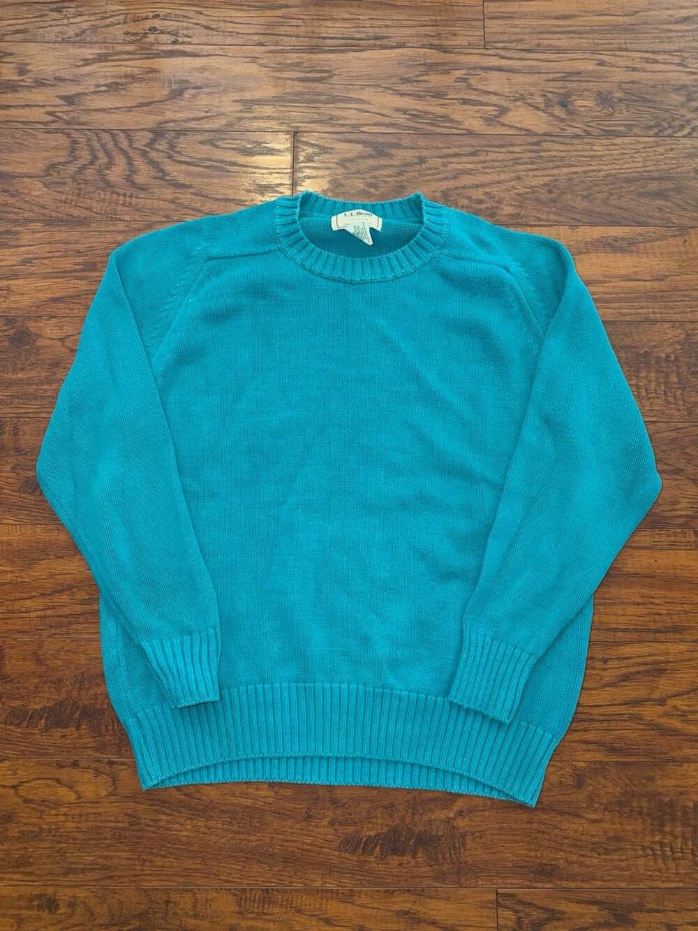 L.L. Bean Freeport Maine Vintage 100% Cotton Teal Blue Crewneck Pullover Sweater